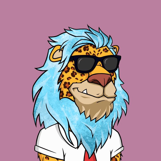 A cartoon avatar of a leopard character with sparkly blue hair/mane, wearing black sunglasses, a white shirt, and red tie, on a pink background.
