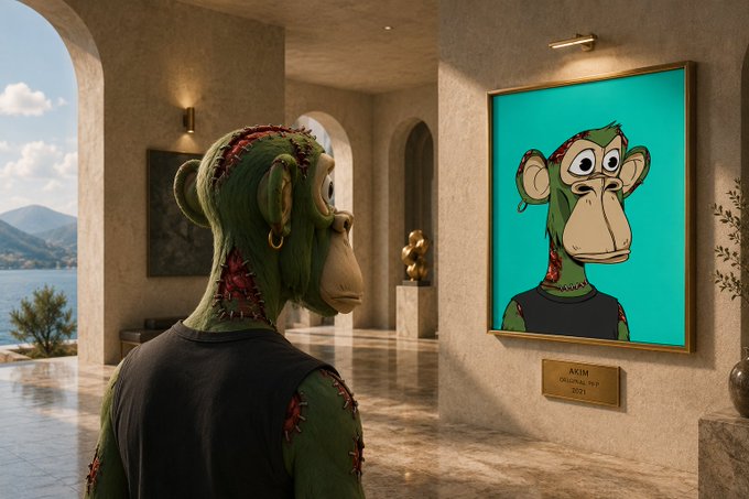 A digital artwork showing a green scarred monkey-like character viewing a framed portrait of itself, labeled 'AKIM' on a gold plaque, in an elegant room overlooking the sea.