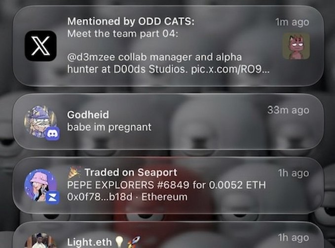 A phone notification screen displays several alerts, including a "PEPE EXPLORERS #6849" NFT trade on Seaport for 0.0052 ETH, which directly relates to the post celebrating the NFT's sale for 2x its value. Other visible notifications include a "Meet the team" mention by ODD CATS about @d3mzee and a message from Godheid.
