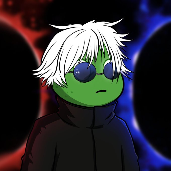 An anime-style illustration of a green-skinned character with messy white hair and dark round sunglasses, wearing a black high-collar jacket against a dramatic background of red and blue glowing spheres.