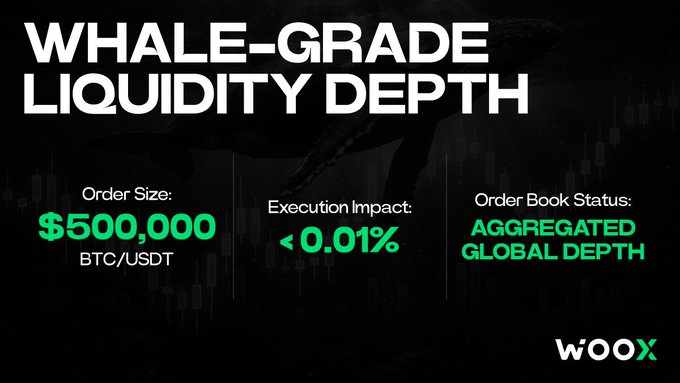 A dark promotional graphic for 'WOOX' advertises 'WHALE-GRADE LIQUIDITY DEPTH' with metrics showing an order size of $500,000 BTC/USDT, execution impact < 0.01%, and aggregated global depth order book status.