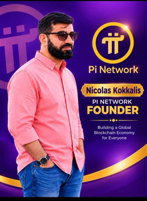 A bearded man in sunglasses and a pink shirt stands beside the Pi Network logo, with text identifying him as "Nicolas Kokkalis, Pi Network Founder" and the tagline "Building a Global Blockchain Economy for Everyone"—illustrating the post's reference to the Pi founder.