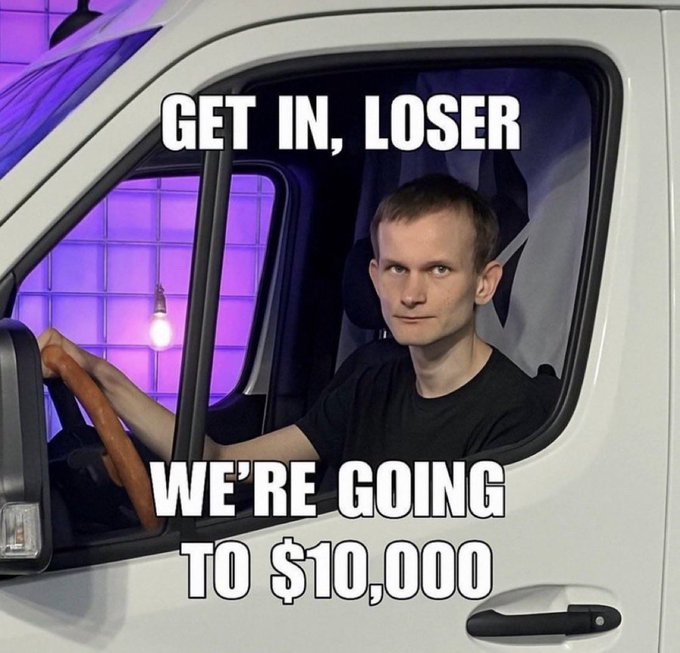 A meme featuring a man driving a white van, styled like the 'We're going to Walmart' Mean Girls parody, with text reading 'GET IN, LOSER' and 'WE'RE GOING TO $10,000'.