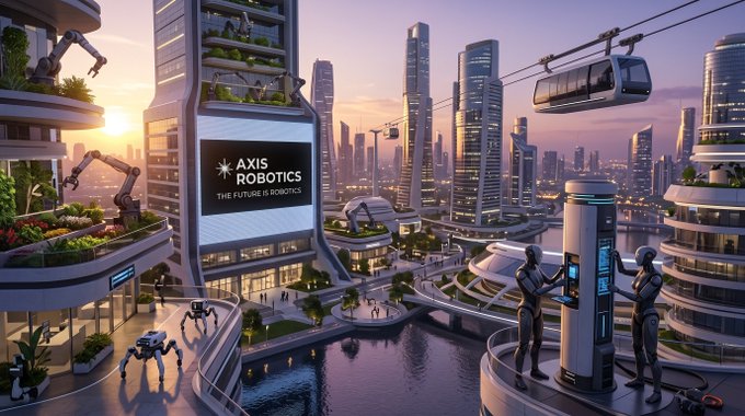 A futuristic cityscape illustration featuring tall skyscrapers, a flying transport pod, robotic figures interacting with a kiosk, and a large screen displaying 'AXIS ROBOTICS THE FUTURE IS ROBOTIC'.