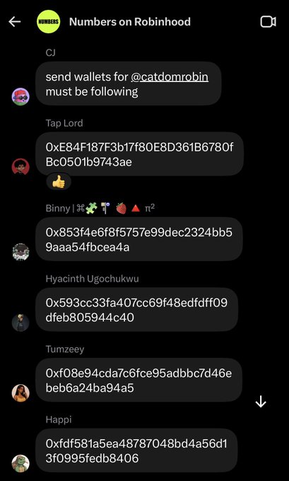 A screenshot of a 'Numbers on Robinhood' group chat with multiple users sharing cryptocurrency wallet addresses (starting with '0x'), including a message from CJ requesting wallets for @catdomrobin.
