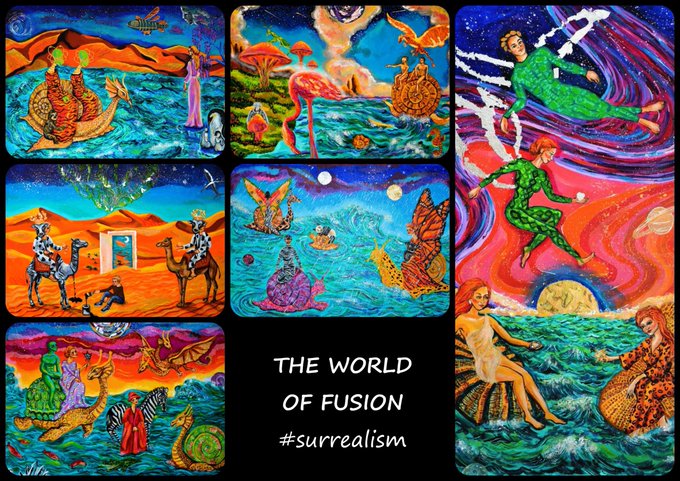 A collage of surrealist paintings featuring vibrant colors, figures riding camels, mermaids, and celestial imagery, accompanied by the text 'THE WORLD OF FUSION #surrealism'.