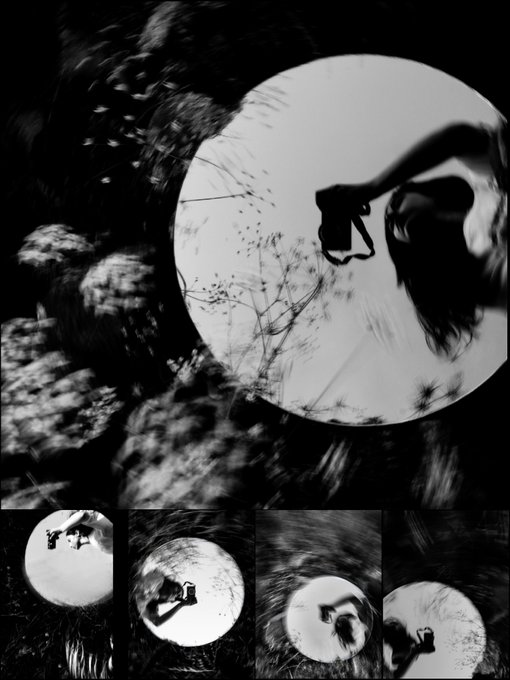 A black and white artistic photo collage featuring a large circular reflection or light source showing a hand holding a camera, with four smaller variations below.