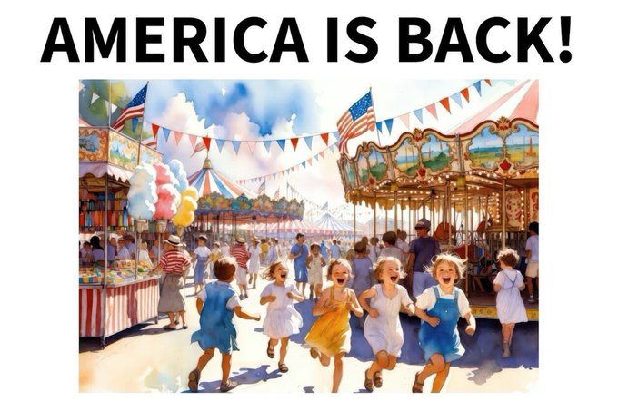 The image features a group of children running around at an amusement park with various rides and attractions. The scene captures the excitement and joy of childhood as they play together. The text "America Is Back!" is written above the children, indicating that this rally is coming up soon. The poster also mentions that it will be parabolic in its duration, which suggests a rapid increase in popularity or attention for the event. Additionally, there are two dollar bills visible on the poster, possibly representing donations made to support the cause of America Is Back.
