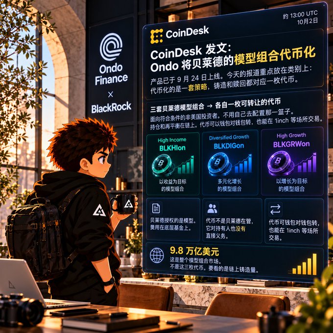 An anime-style illustration of a boy with a backpack looking at a large digital screen showing a CoinDesk article about 'Ondo' tokenizing BlackRock model portfolios, listing BLKHion, BLKDiGon, and BLKGRWon, with 'Ondo Finance x BlackRock' logos visible.