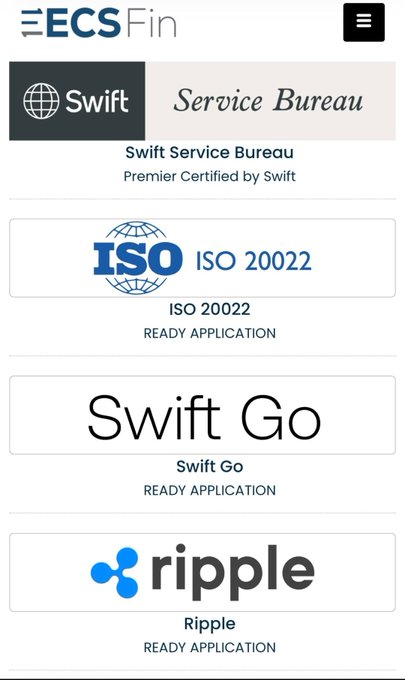 The image displays a list of ECSFin's ready applications including Swift Service Bureau, ISO 20022, Swift Go, and Ripple, highlighting XRP-related integrations. It supports the post's claim by visually emphasizing Ripple as a "ready application," reinforcing the message that XRP's real-world utility and infrastructure integrations were always central to its value beyond being just a coin.