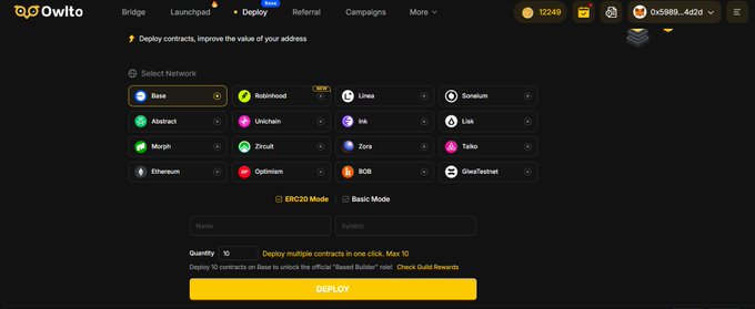 Screenshot of the Owlto Deploy page showing a network selection interface with options including Base, Robinhood, Linea, Abstract, Unichain, Ink, Morph, Zircuit, Zora, Taiko, Ethereum, Optimism, BOB, and GweiTestnet, along with input fields and a yellow DEPLOY button.