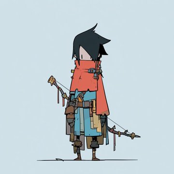 An illustration of a stylized warrior character with black hair covering one eye, wearing a patchwork cloak and tattered clothes, holding a large sword against a light blue background.