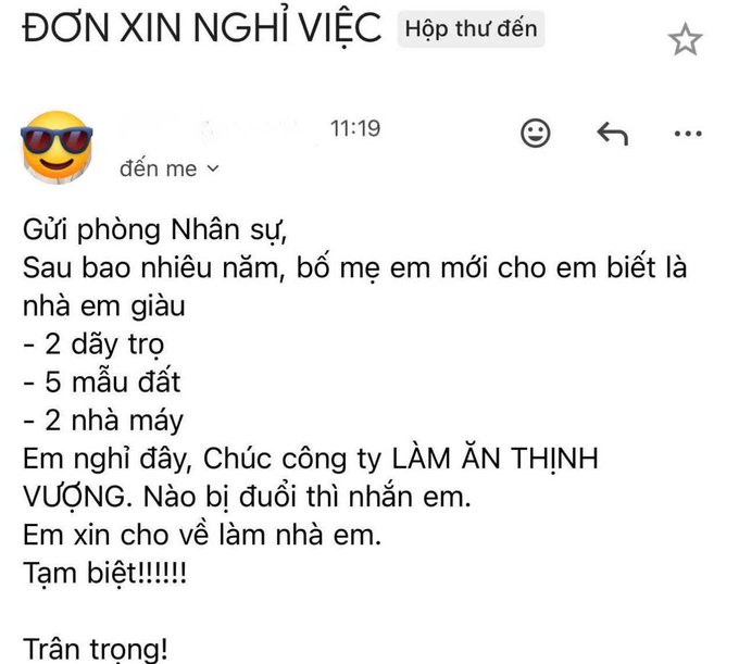 An email screenshot in Vietnamese titled 'ĐƠN XIN NGHỈ VIỆC' (Letter of Resignation), humorously listing family assets including 2 jewelry stores, 5 plots of land, and 2 factories, wishing the company prosperity and asking not to chase after them.