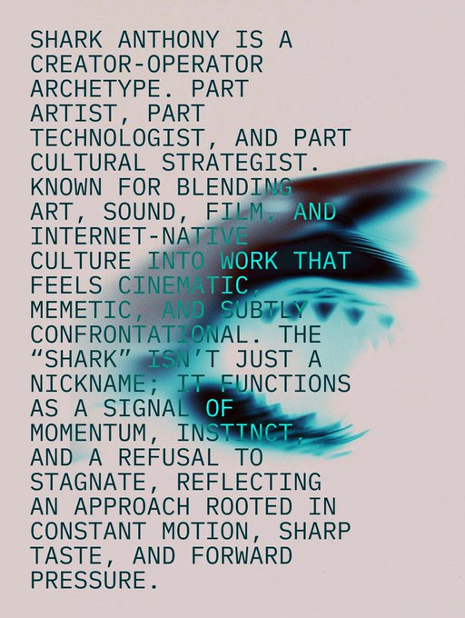 A graphic with teal text on a pink background describing "Shark Anthony" as a creator-operator archetype, with a stylized shark image behind the text.