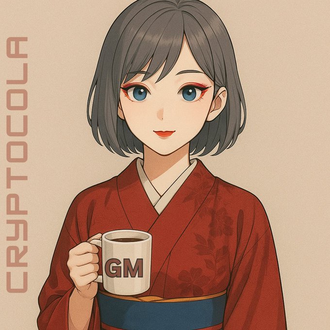 An anime-style illustration of a woman with short black hair and blue eyes wearing a red kimono, holding a white mug that says 'GM', with 'CRYPTOGLA' written vertically on the left.