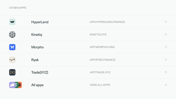 List of other apps in a decentralized finance interface, including HyperLend (app.hyperlend.finance), Kinetiq (kinetiq.xyz), Morpho (app.morpho.org), Rysk (app.rysk.finance), and Trade[XYZ] (app.trade.xyz).
