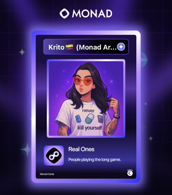 A digital "Monad Cards" collectible featuring "Krito (Monad Ar...)" with the title "Real Ones — People playing the long game," displayed on a purple-themed profile card branded with the Monad logo, tying into the "gmonad" post as a community/membership NFT card for the Monad ecosystem.