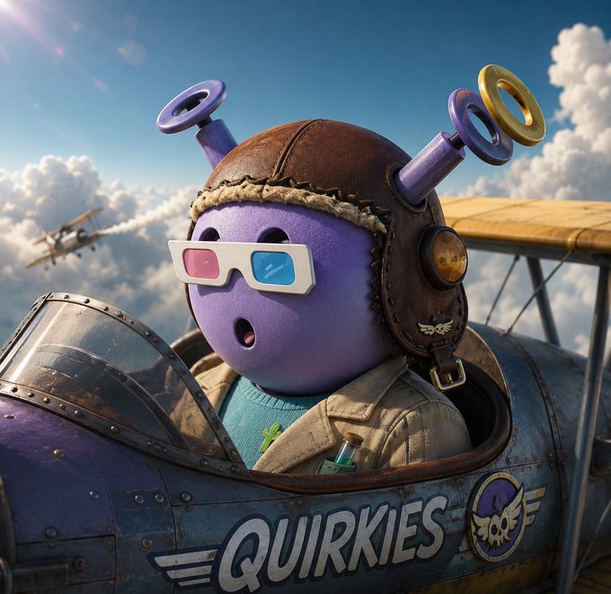 A 3D-rendered purple character wearing a brown aviator cap and 3D glasses sits in a biplane cockpit labeled 'QUIRKIES' with a yellow ringed planet visible in the background.