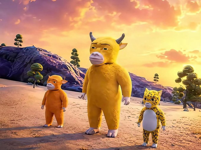 Three animated animal characters—a large yellow bull, a smaller yellow bear, and a spotted cheetah cub—stand on a sandy landscape with purple mountains under a vibrant sunset sky, matching the surreal, fantastical tone of the "Niulái" film the post is promoting alongside a Bitget ticket giveaway.