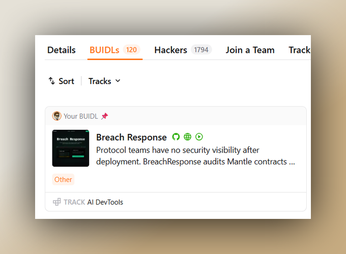 The image shows an infographic featuring information about the @Mantle Developers in the top 120 builders for a Hackathon competition called "@Mantle_Official Turing Test Hackathon Breach Response". The poster highlights this particular category, emphasizing that the winner will be implemented into the top 30 of competitors to join. It also mentions a vote by the community as a deciding factor. However, it is not clear if any community voting has taken place or if there are additional details about the development or competition.