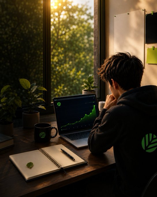 A person in a black hoodie with a green leaf logo works on a laptop displaying a green stock chart, sitting at a wooden desk with a notebook, pen, and potted plants by a sunlit window.