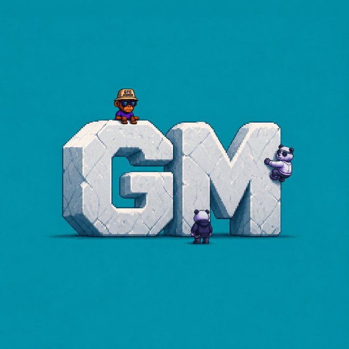 A digital illustration shows a monkey wearing a 'BTC ADDRESS' hat sitting on large stone letters 'GM,' accompanied by two small panda-like figures on a teal background.