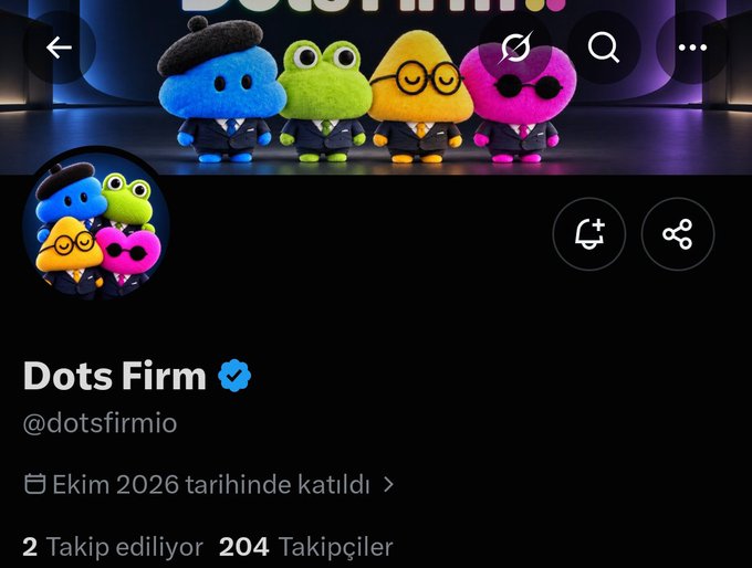A social media profile for 'Dots Firm' (@dotsfirmio) featuring four colorful cartoon mascot characters (blue, green frog, yellow, pink) in formal wear, showing 2 following and 204 followers, joined October 2026.