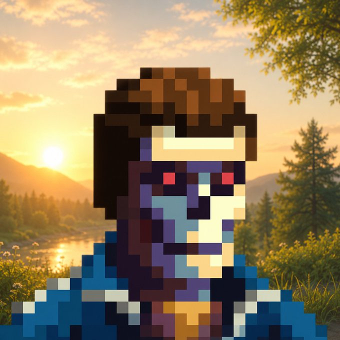 A pixel art style portrait of a character with dark hair, red eyes, and a blue outfit set against a scenic sunset landscape with a lake, trees, and mountains.