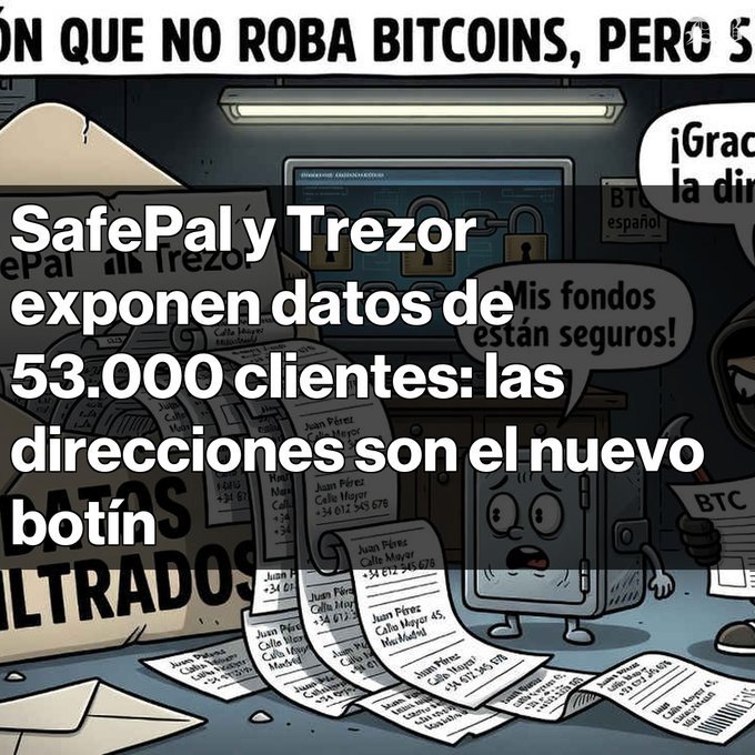An illustration used as a thumbnail with Spanish text reading 'SafePal y Trezor exponen datos de 53.000 clientes: las direcciones son el nuevo botín', depicting a personified safe and lists of names and phone numbers.