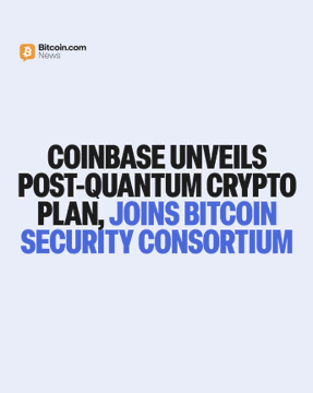 A Bitcoin.com News graphic displaying the headline "COINBASE UNVEILS POST-QUANTUM CRYPTO PLAN, JOINS BITCOIN SECURITY CONSORTIUM," which relates to the announcement about Coinbase upgrading its CoreKMS to a post-quantum version and collaborating with Bitcoin developers to prepare for future quantum computing threats.