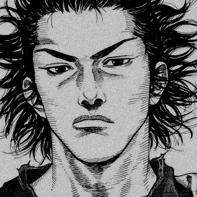 Black-and-white manga-style illustration of a young man with wild, spiky hair and an intense, brooding expression.