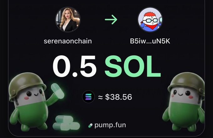 This image visually confirms the transaction of 0.5 SOL, valued at approximately $38.56, from "serenaonchain" to "B5iw...uN5K" on pump.fun.