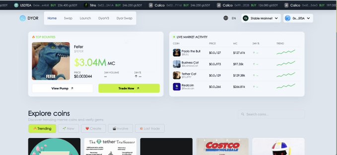 A screenshot of the DYOR meme coin platform homepage showing 'TOP REWARDS' for Felfer at $3.04M market cap, live market activity listings, and an Explore coins section.