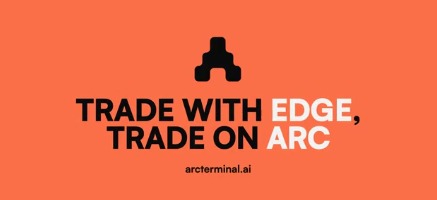An orange advertisement graphic with a black logo reading 'TRADE WITH EDGE, TRADE ON ARC' and the website 'arcterminal.ai'.