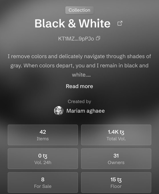 A screenshot of a digital collection titled 'Black & White' by Mariam aghaee shows stats including 42 items, 1.4K Total Vol., 31 Owners, and a floor price of 15.