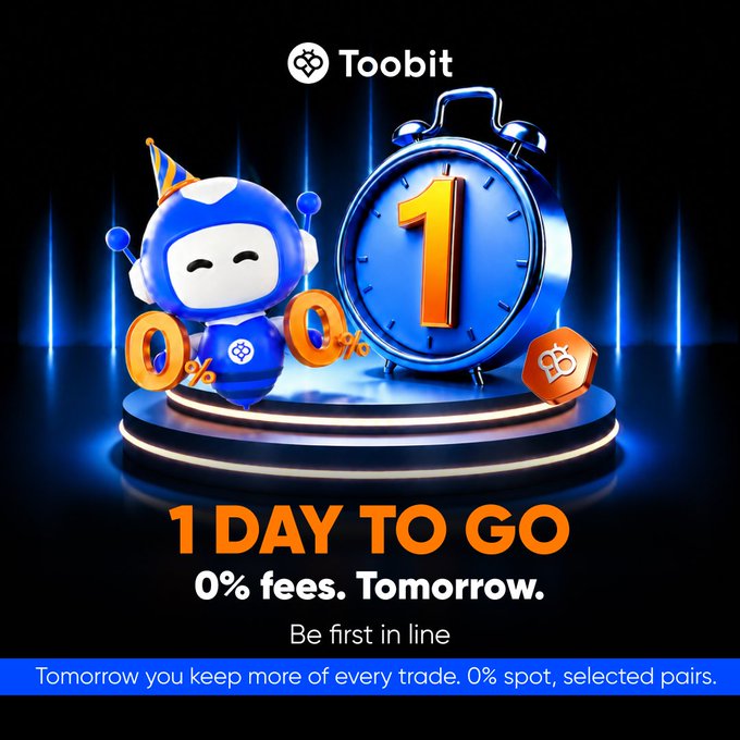 Toobit promotes a "1 DAY TO GO" countdown to a "0% fees. Tomorrow" promotional event, with a cheerful blue mascot, a giant alarm clock, and Bitcoin icon emphasizing the impending zero-fee spot trading on selected pairs, directly matching the post's urgency about the last fees users will ever pay.