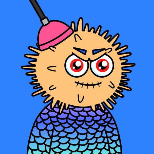 A cartoon illustration of an angry, spiky-haired creature wearing a purple scale-patterned outfit and a pink plunger stuck to its head, set against a blue background.