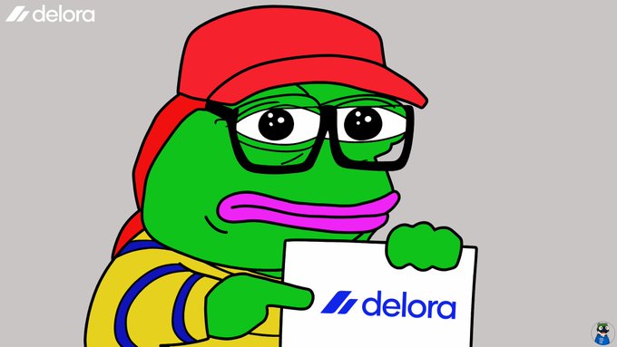 The Delora Pepe the Frog meme character, depicted with glasses and a red cap, holding a sign that reads 'delora'.