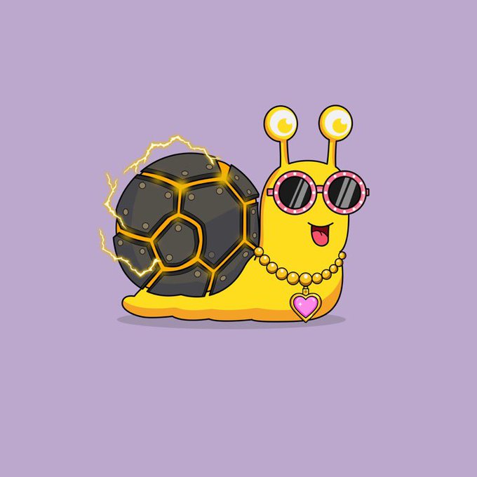 A cartoon illustration depicts a yellow snail wearing pink-rimmed sunglasses, a pearl necklace, and a heart pendant, while carrying a dark shell with glowing yellow energy lines against a purple background.