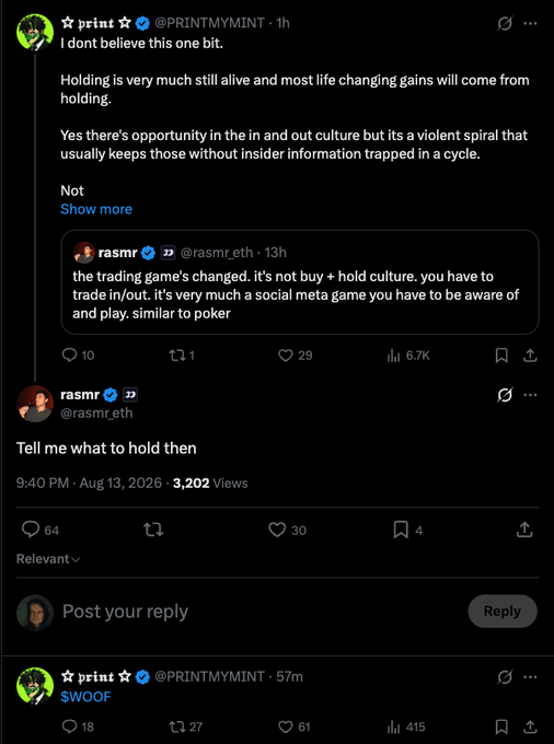 A thread of social media posts from 'print' and 'rasmr' debates crypto trading strategies, with 'print' arguing 'Holding is very much still alive' and calling trading in/out 'a violent spiral' in reply to a tweet calling it a 'social meta game'.