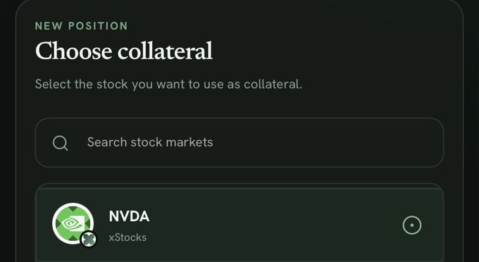 A 'Choose collateral' interface on a trading platform prompting the user to select a stock, with NVDA (xStocks) shown as the available option.