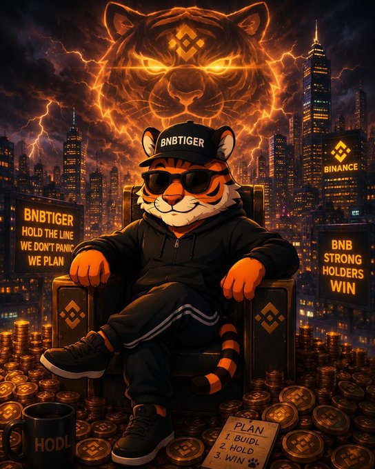 The image features a cartoon tiger sitting in a chair surrounded by stacks of gold coins. The tiger appears to be wearing sunglasses, giving him an air of confidence or authority. In front of the tiger, there are two signs that read "BNB" and "plan", which could possibly be related to Bitcoin or cryptocurrency. The background shows a city skyline with buildings lit up at night, creating a dramatic atmosphere for the scene.