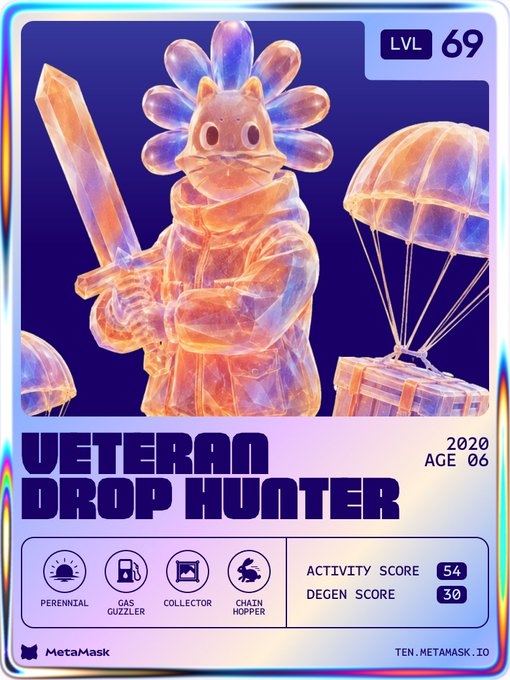 A holographic-style trading card titled 'VETERAN DROP HUNTER' at 'LVL 69', '2020 AGE 06', featuring a character with a sword and parachute, showing stats for 'ACTIVITY SCORE 54' and 'DEGEN SCORE 30' with tags like 'PERENNIAL', 'GAS GUZZLER', 'COLLECTOR', and 'CHAIN HOPPER'.