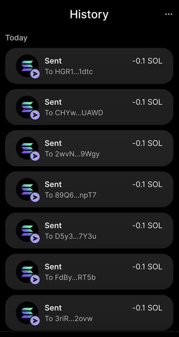 A mobile screenshot of a "History" page showing seven recent "Sent" transactions, each for -0.1 SOL, sent to different recipients (e.g., HGR1...1dtc, CHYw...UAWD, 2vvN...9Wgy) on the Solana blockchain. The image serves as proof of the user's recent giveaways of 0.1 SOL to multiple users, supporting the accompanying post claiming to have sent money to several people.