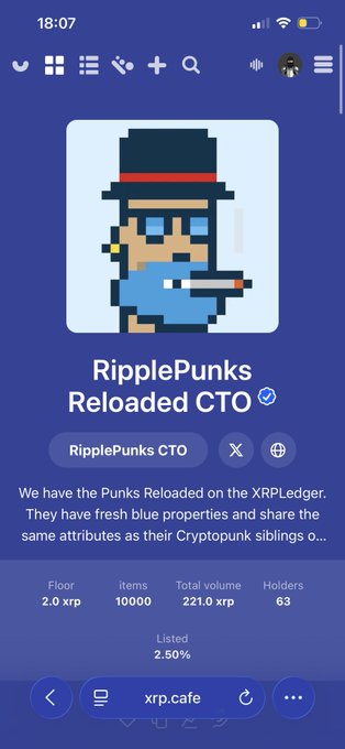 A mobile screenshot of the 'xrp.cafe' interface displaying a 'RipplePunks Reloaded CTO' NFT collection profile, showing stats like a 2.0 xrp floor price, 10000 items, and a pixel-art character avatar.
