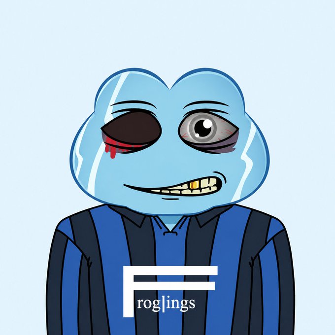 A cartoon illustration of a blue cloud-like character with a bruised, bloodshot eye wearing a blue and black striped soccer jersey that reads 'Frog|lings'.