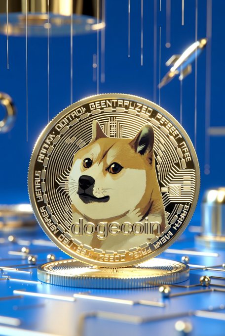 A 3D-rendered golden Dogecoin featuring the iconic Shiba Inu dog face, displayed on a circuit-board pedestal with the text 'dogecoin' and 'DECENTRALIZED PEER TO PEER' around the coin's edge.