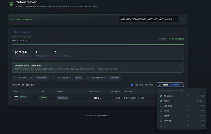 The image shows the Token Saver website (tokensaver.fyi) displaying a Recovery Scanner that identified $19.24 in recoverable tokens (1 holding to claim across 3 smart wallets) for the Ethereum address 0x9834...a163. The interface highlights 1 token position on the Optimism chain worth $19.24, with filter options showing the found balance falls under the "Token" category, illustrating the platform's airdrop/reward discovery feature mentioned in the post.
