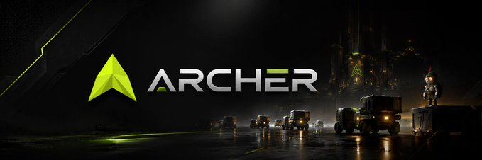A promotional banner for "ARCHER" featuring the company's green geometric logo alongside a dark, cinematic scene of a motorcade with a figure standing atop a vehicle, evoking themes of journey and ambition that align with the post's message of ongoing progress and upcoming partnership announcements.