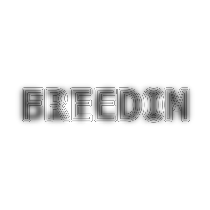 The image displays the word "FREEDOM" in a stylized, metallic-looking font with a blurred effect. It visually reinforces the post's message "Bitcoin = Freedom" by emphasizing the concept of freedom that the post associates with Bitcoin.